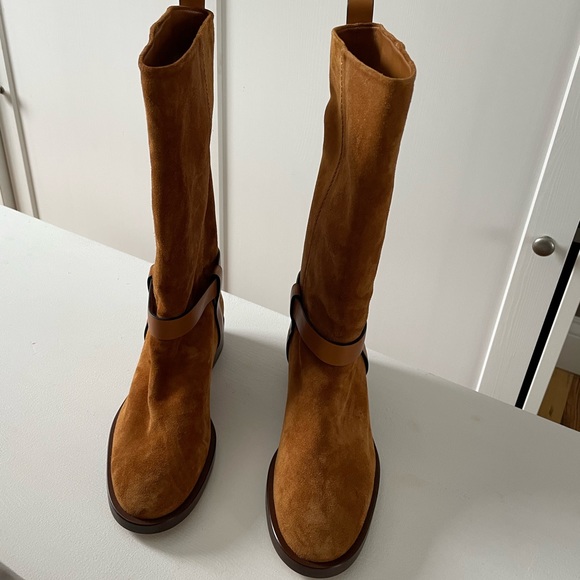 Stuart Weitzman Chestnut Cognac Suede Mid Calf Boots - Picture 2 of 11